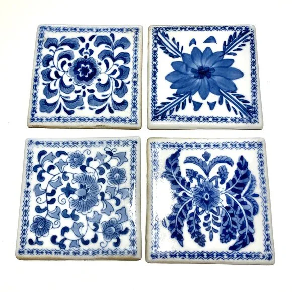 Set of 4 Vintage Blue + White Ceramic Tiles - Picture 1 of 9